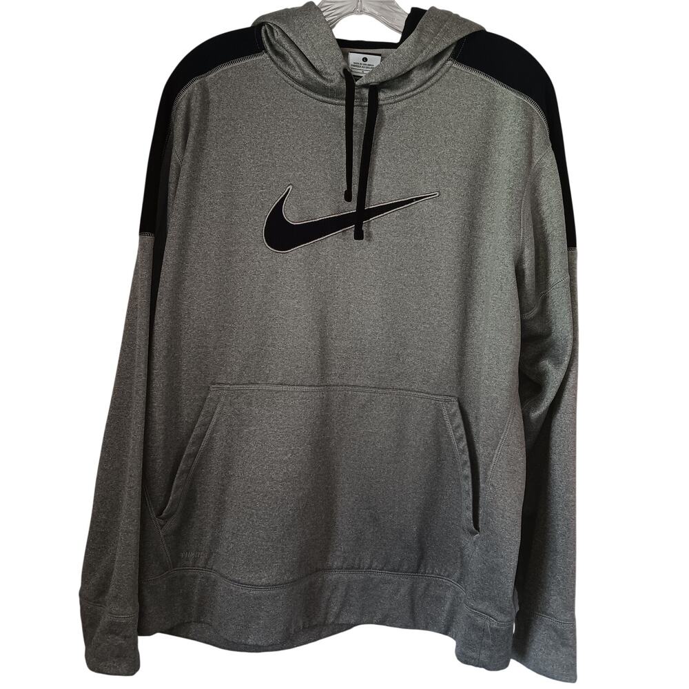 Nike L Gray Hooded Pullover Sweatshirt Wavy Outlined Swoosh Therma-FIT Mid-2010 - Picture 1 of 5